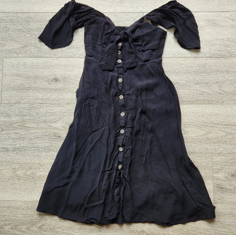Astr Rachelle Black Dress Womens Small Ruffle Flutter Sleeve Button Down Beach